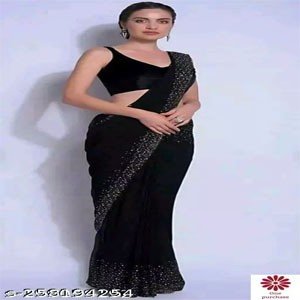 Premium Georgette Diamond Work Stylish Party Wear Saree With Separate Velvet Blouse Piece (Black)